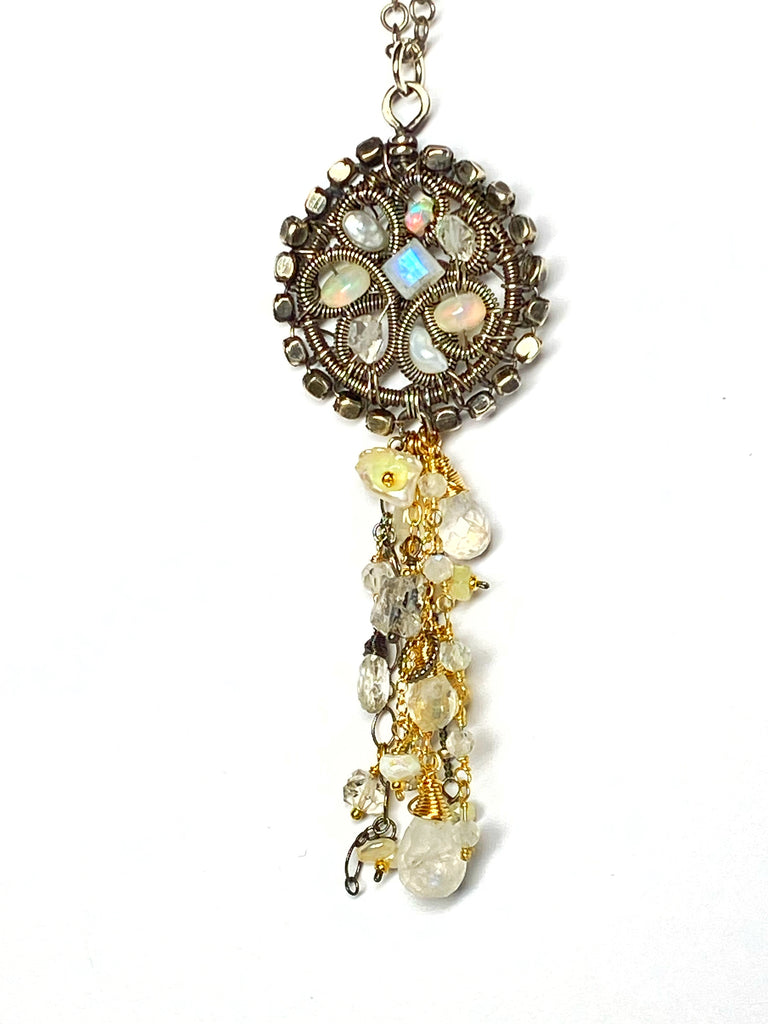Opal, Moonstone, Crystal Oxidized Silver Coiled Pendant Necklace