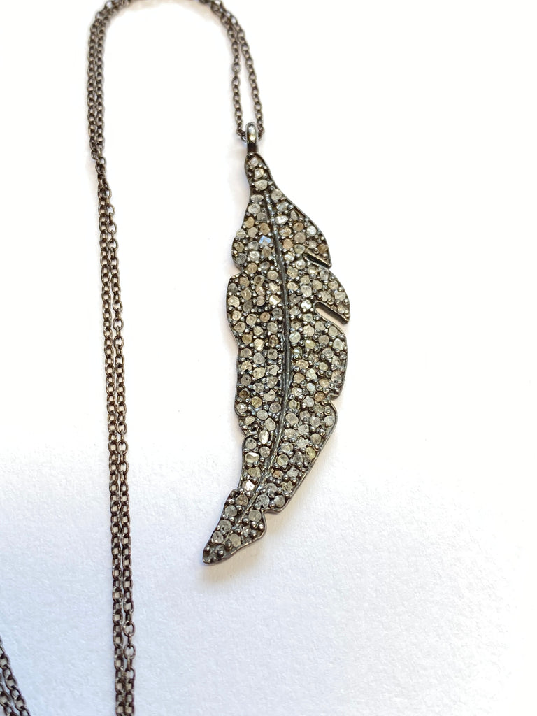 Pave Diamond Feather Pendant, Oxidized Sterling Silver