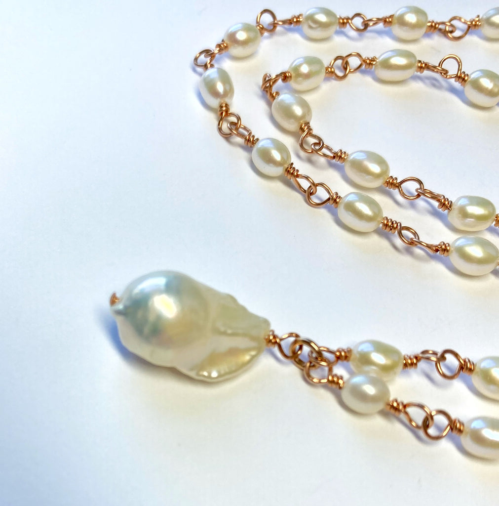 Dainty Baroque Pearl Necklace Wire Wrapped Rosary Style Rose Gold Fill