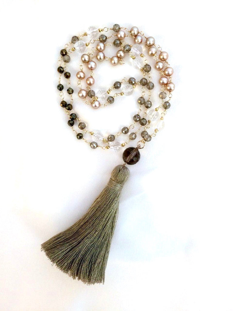 Wire Wrap Long Beaded Tassel Necklace - doolittlejewelry