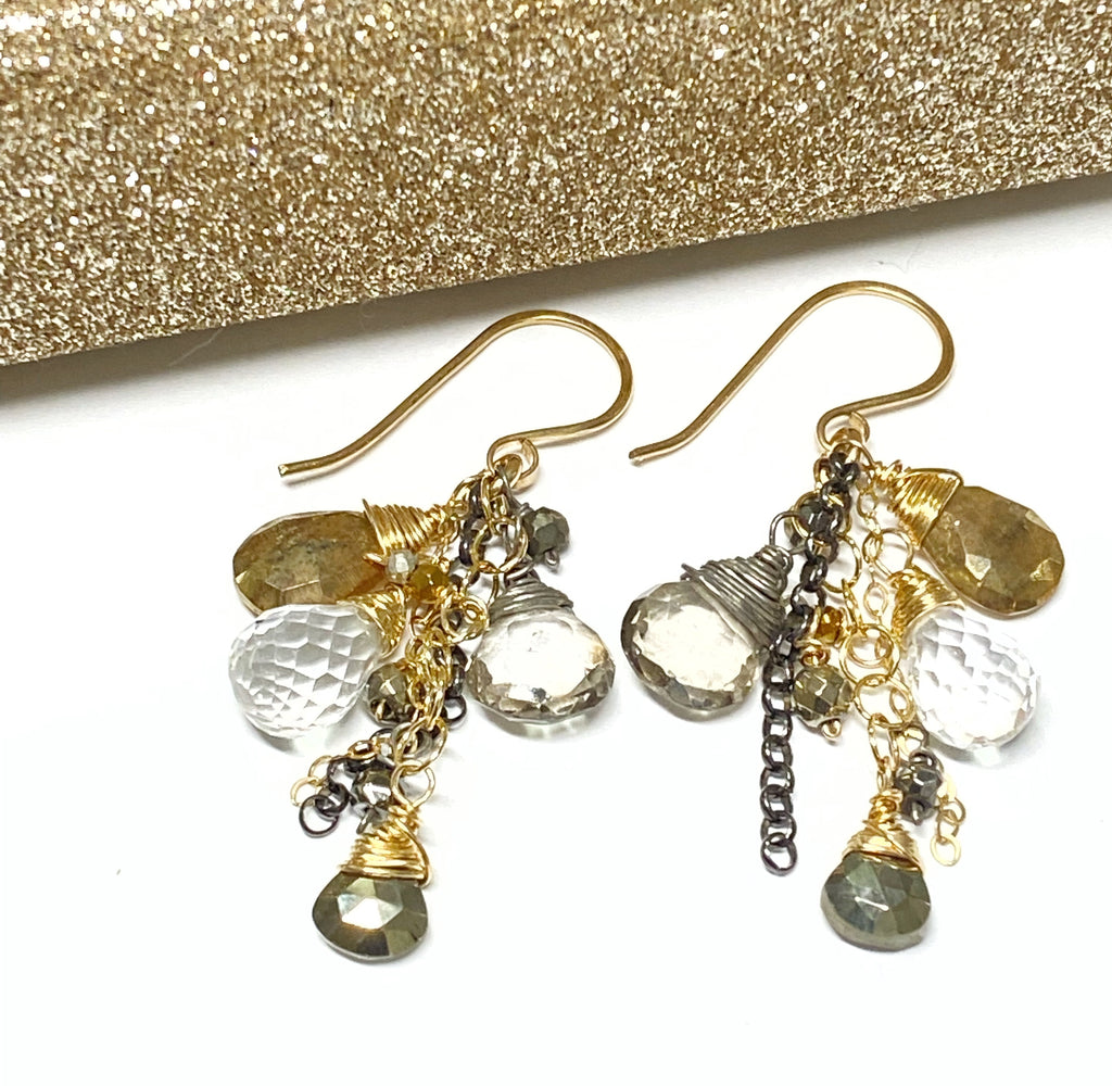 Crystal Quartz and Gold Mixed Metal Dangle Earrings