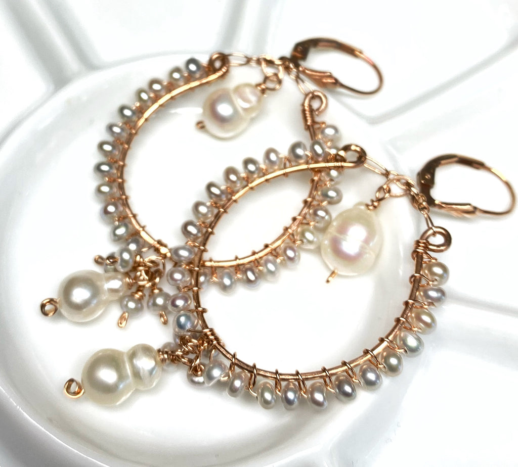 Statement Rose Gold Hoop Earrings with Baroque Pearl Drops