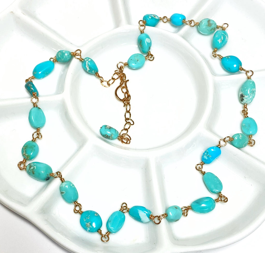 Sleeping Beauty Turquoise Necklace Rose Gold Rosary Style Wire Wrapped