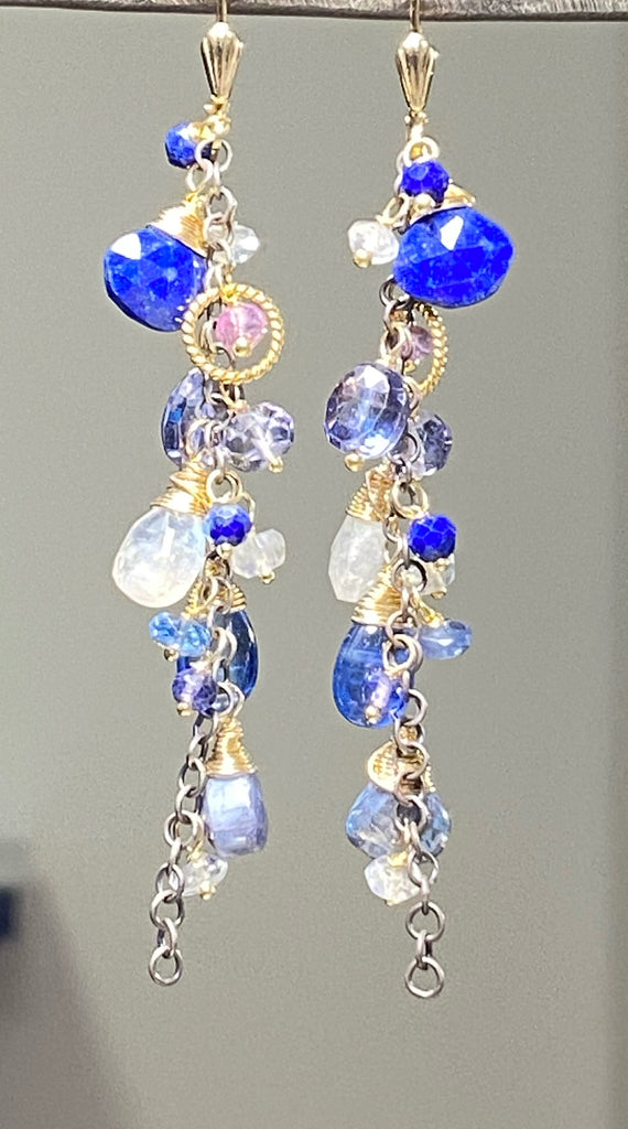 Blue dangle earrings lapis kyanite mixed metals