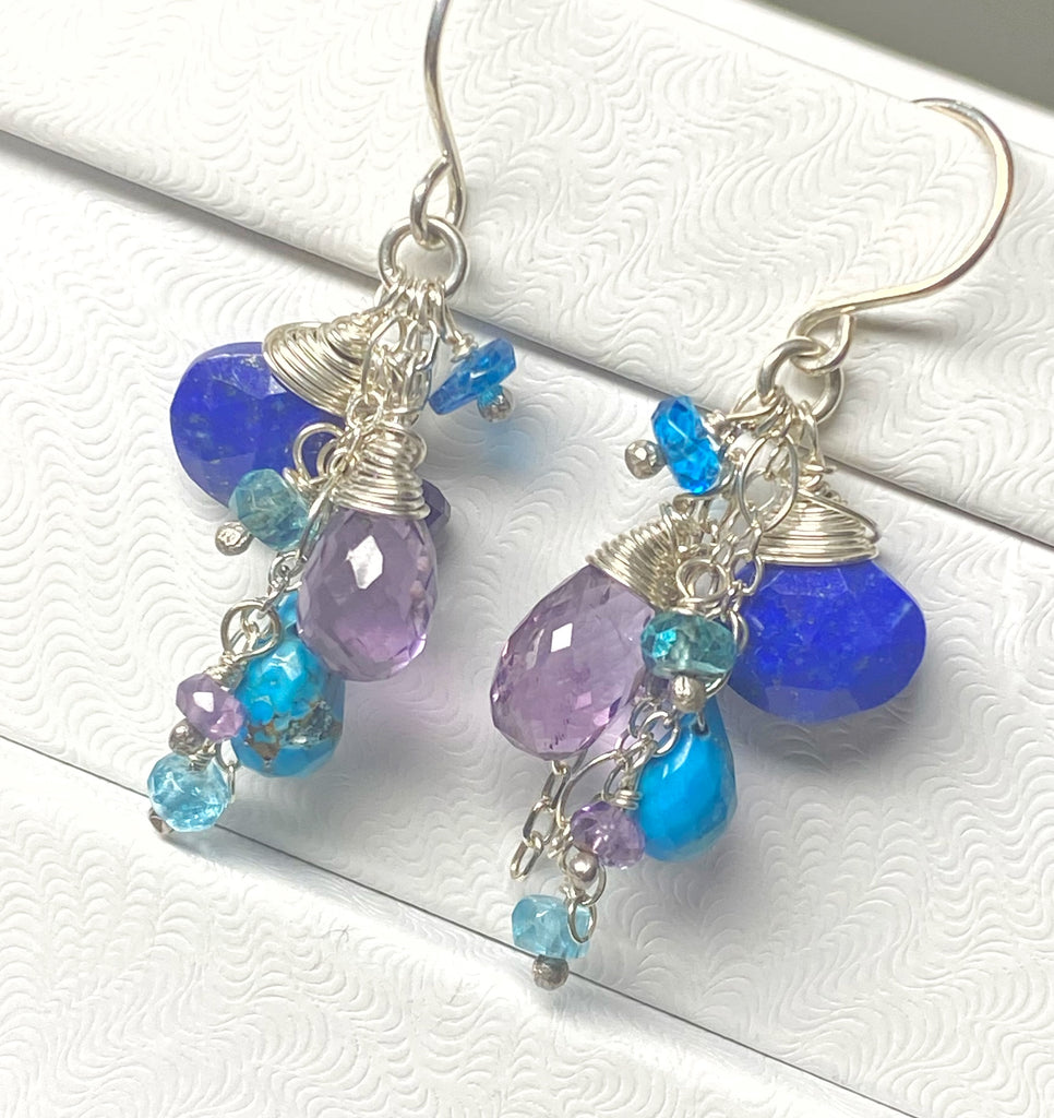 Amethyst Blue Lapis Dangle Gemstone Sterling Silver Earrings - Doolittle