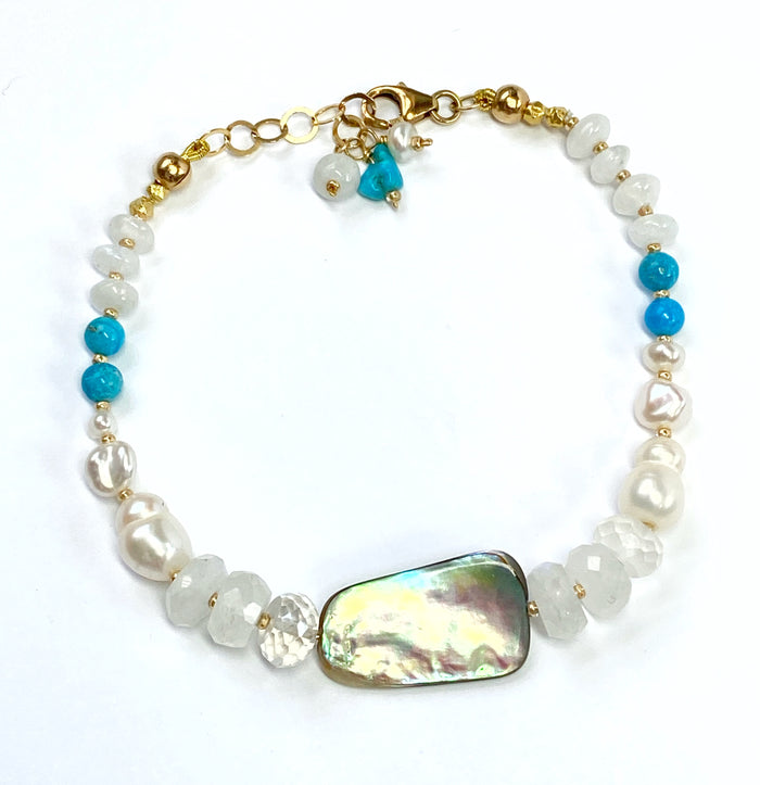 Abalone, Rainbow Moonstone, Turquoise, Pearl Silk Knotted Bracelet