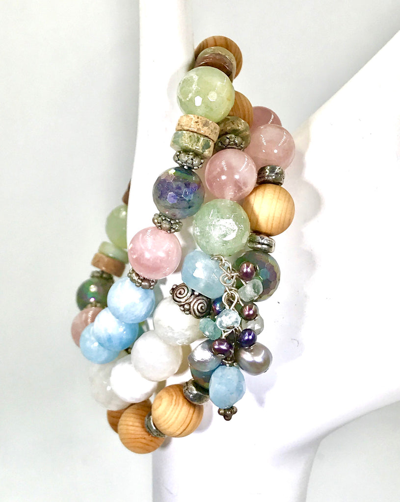 Colorful Pastel Stretch Stacking Bracelet Set of 3 Rose Quartz Moonstone Sandalwood - doolittlejewelry