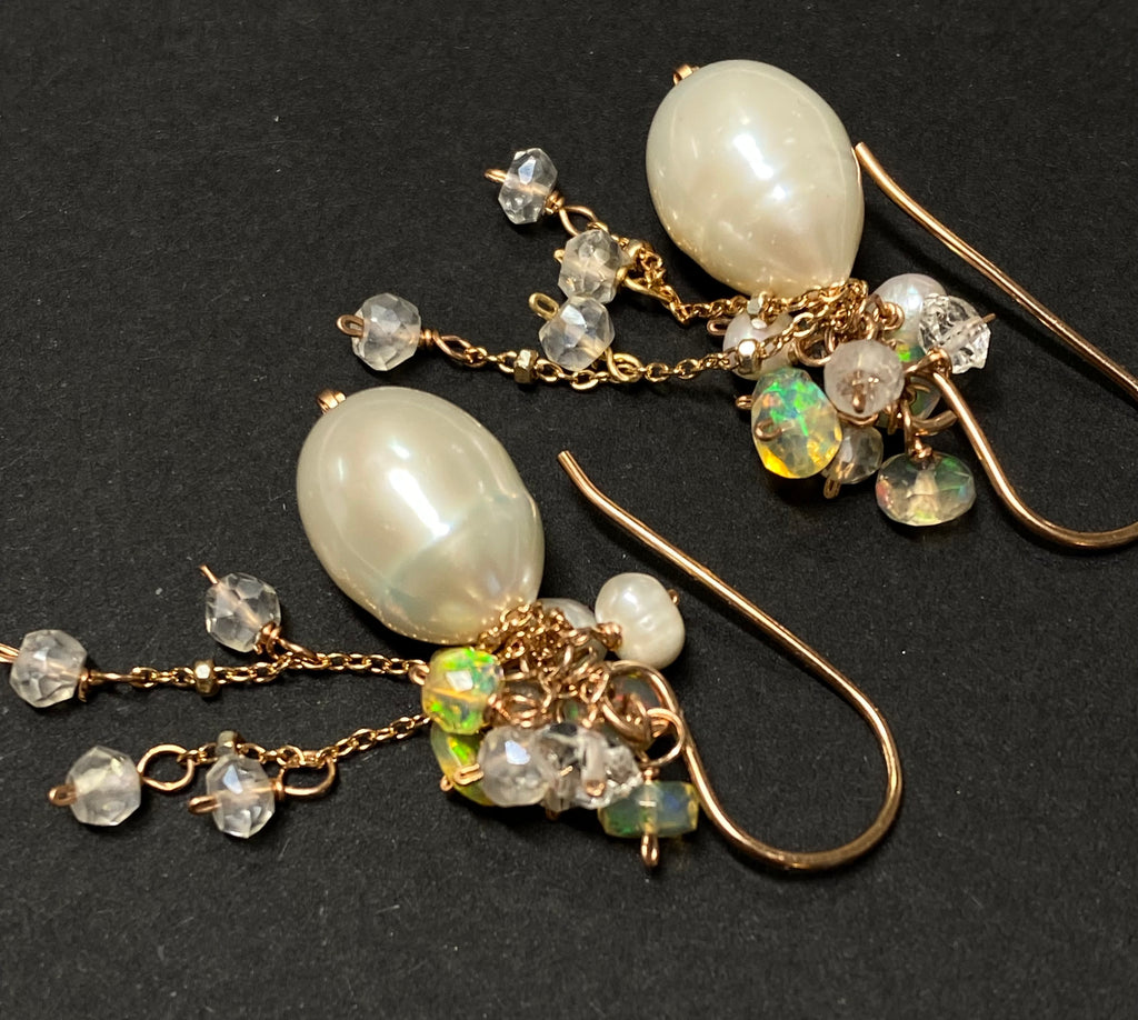 Rose Gold, Opal Cluster, Pearl Earrings