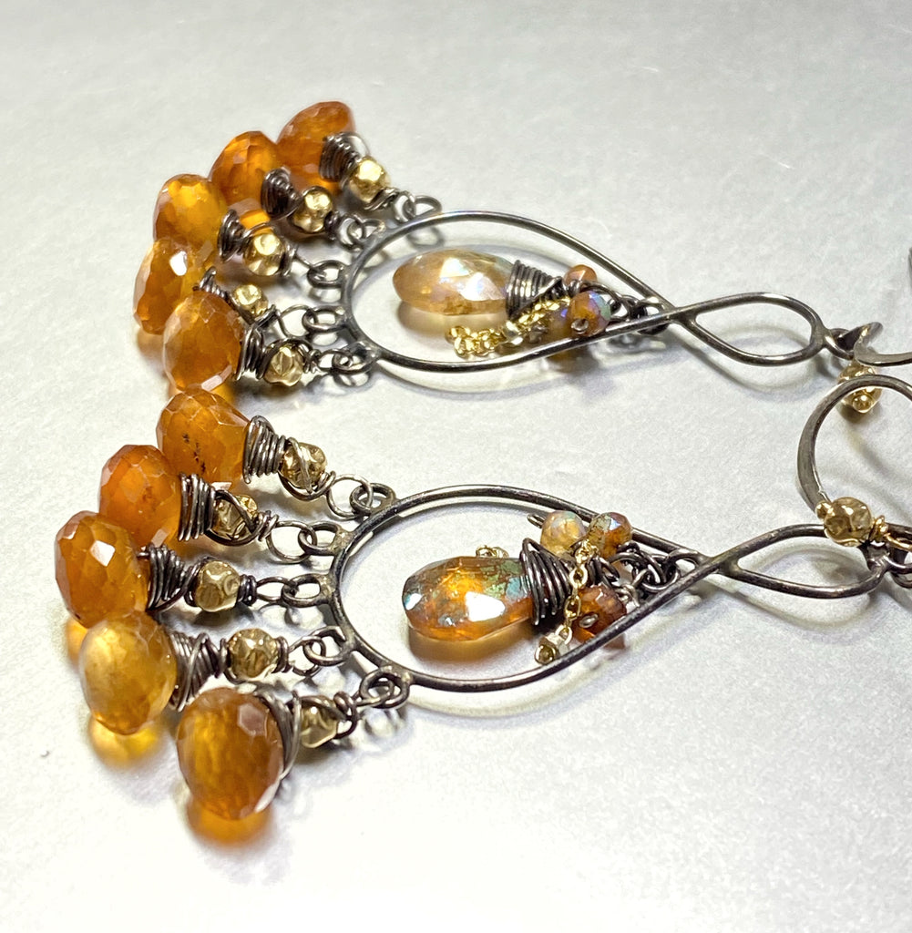 Hessonite Garnet Chandelier Earrings Oxidized Silver