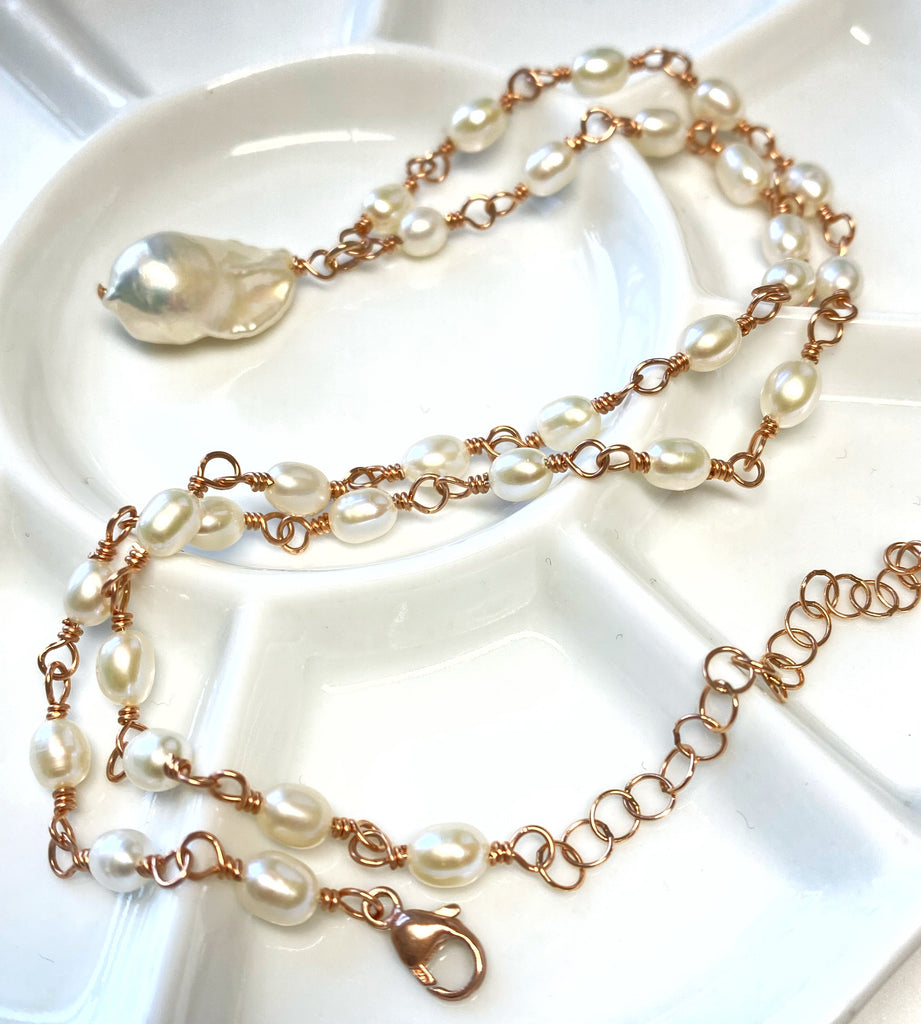 Dainty Baroque Pearl Necklace Wire Wrapped Rosary Style Rose Gold Fill