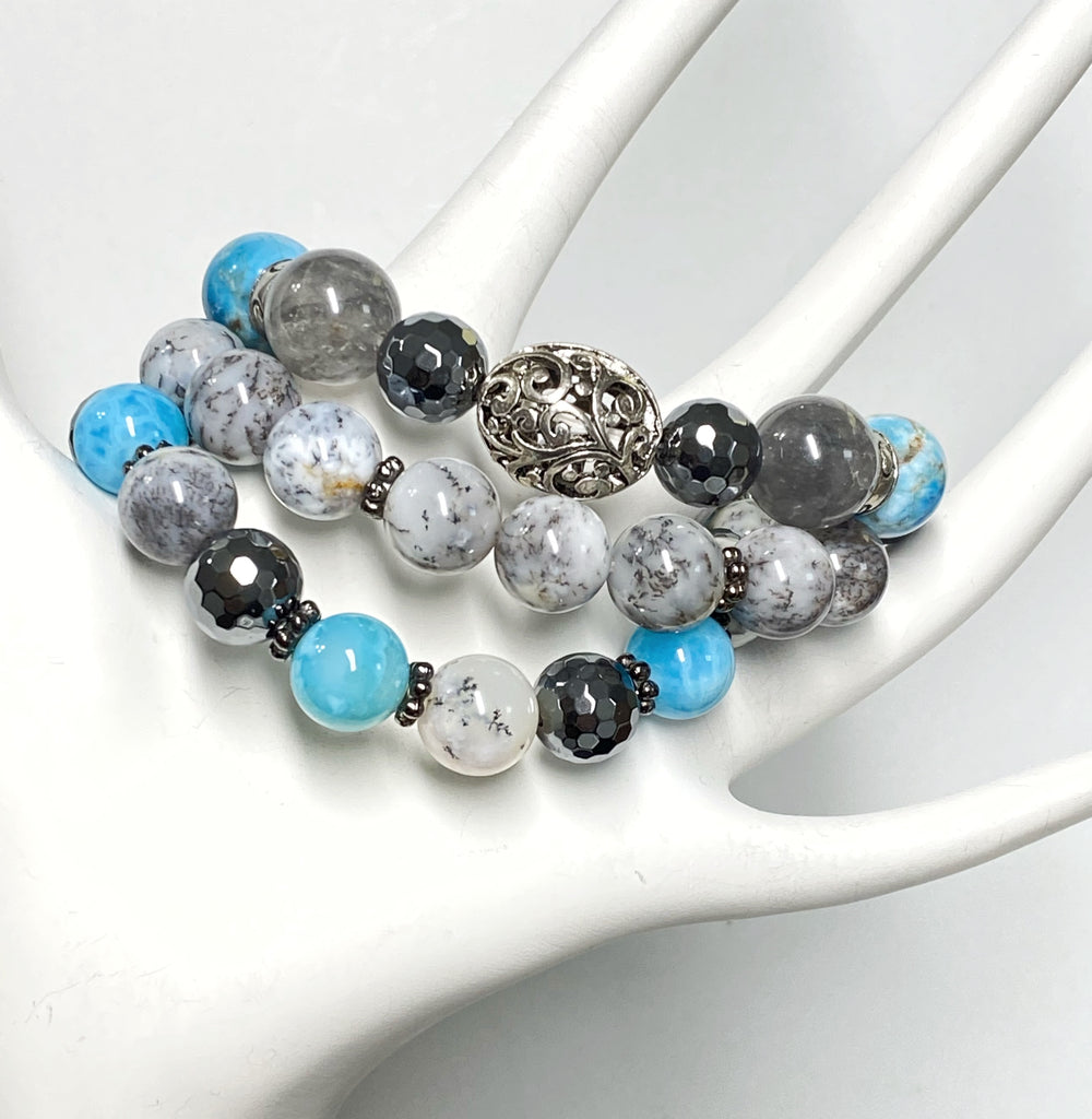 Dendritic Opal Blue Grey Silver Boho Stretch Bracelet Stacking Set of 3