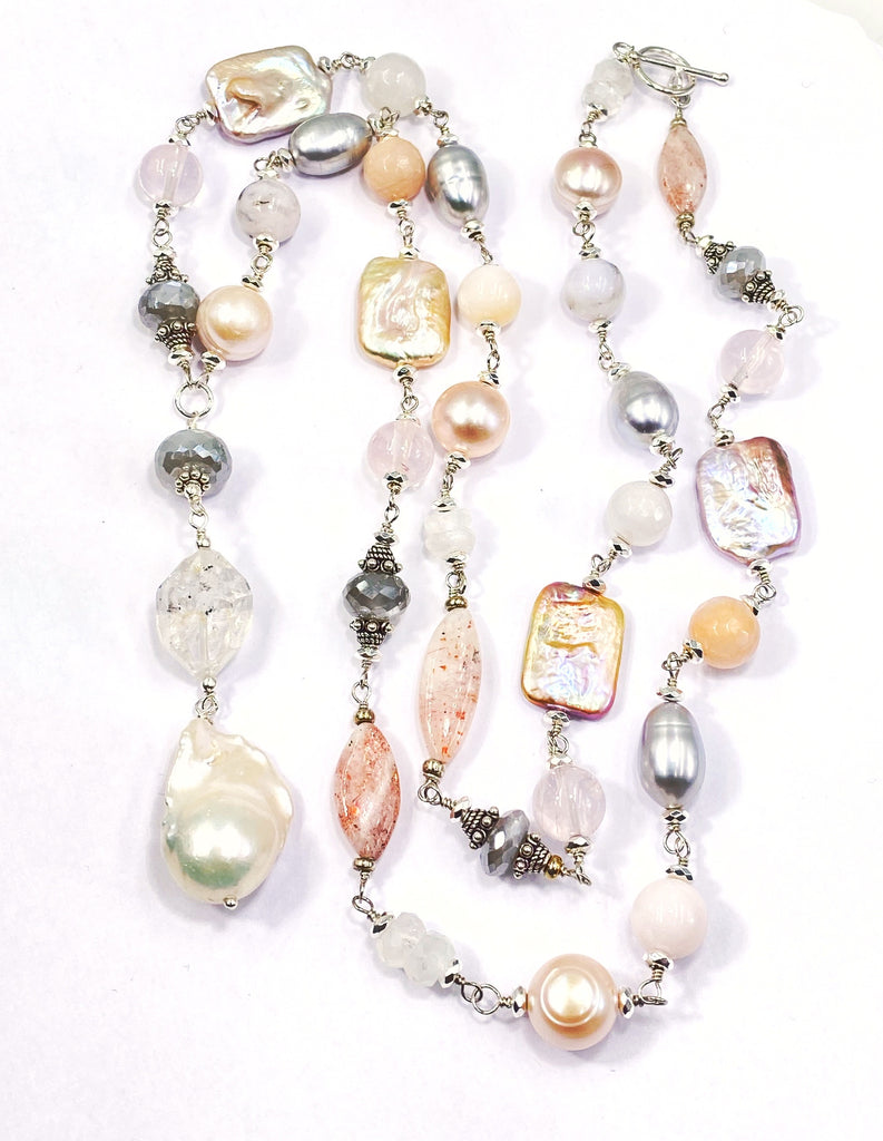 Long Silver Gemstone Pearl Necklace Blush Pink & Grey Toggle Clasp