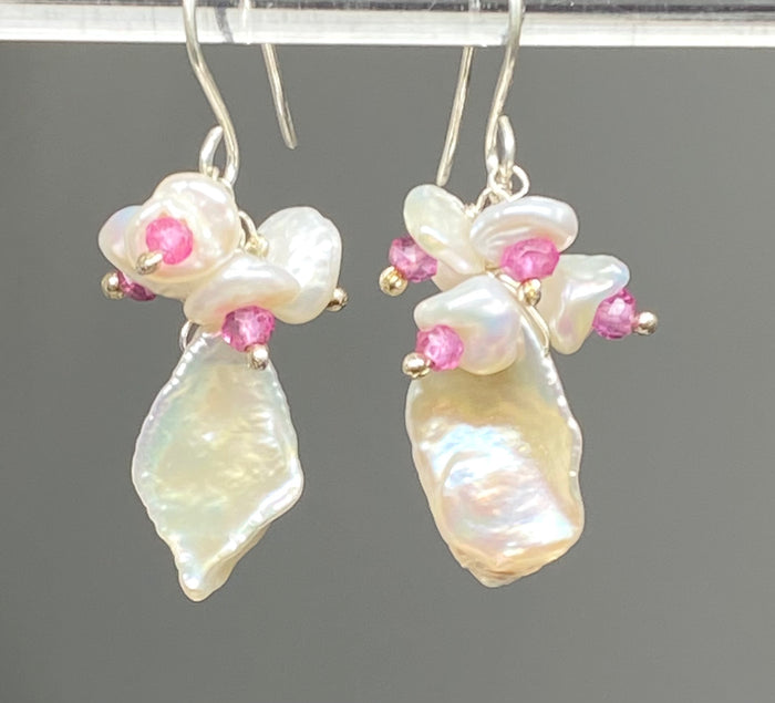 Keishi Pearl and Pink Cluster Wedding Earring