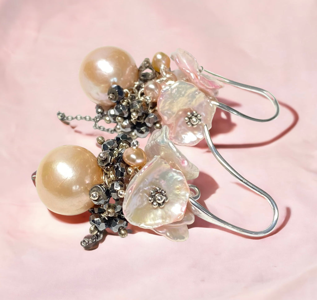 Pink Edison Pearl Cluster Earrings Blush Pink Keishi and Black Pyrite, French Style