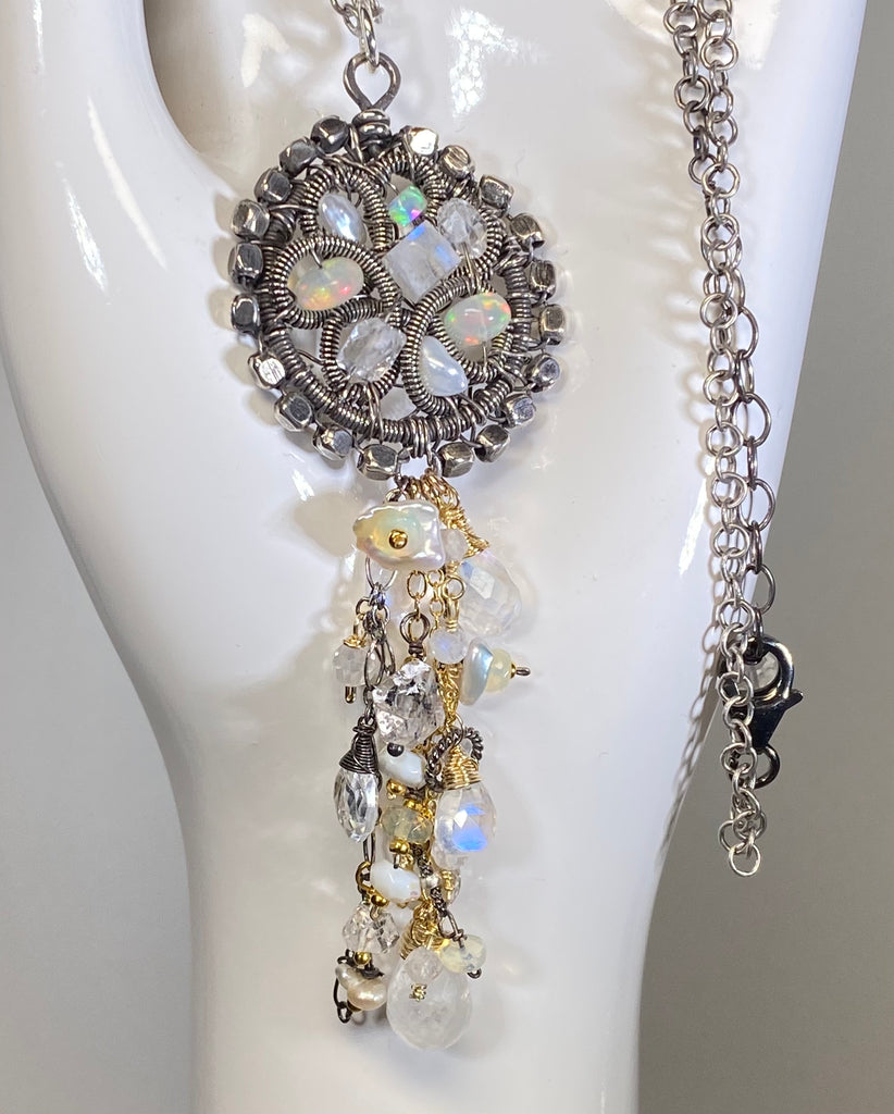 Opal, Moonstone, Crystal Oxidized Silver Coiled Pendant Necklace