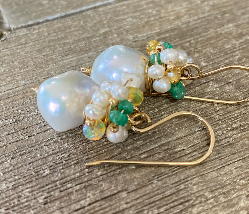 Emerald, Opal and Pearl Cluster Earrings Gold Fill