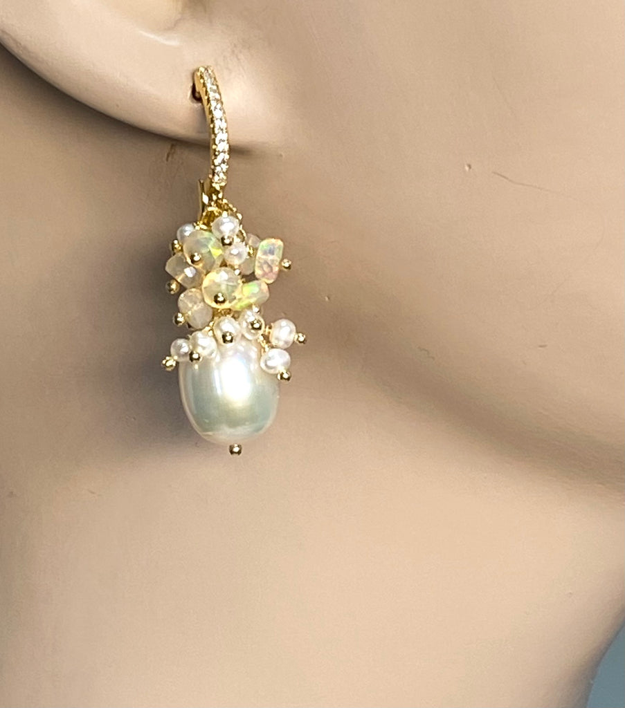 Pearl and Opal Cluster Earrings Gold