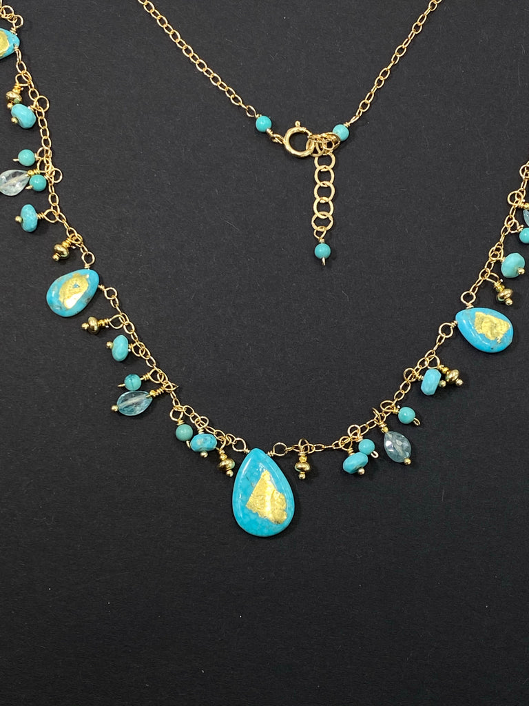 Kingman Turquoise Dangle Necklace Blue Zircon 24 kt Solid Gold Leaf - doolittlejewelry
