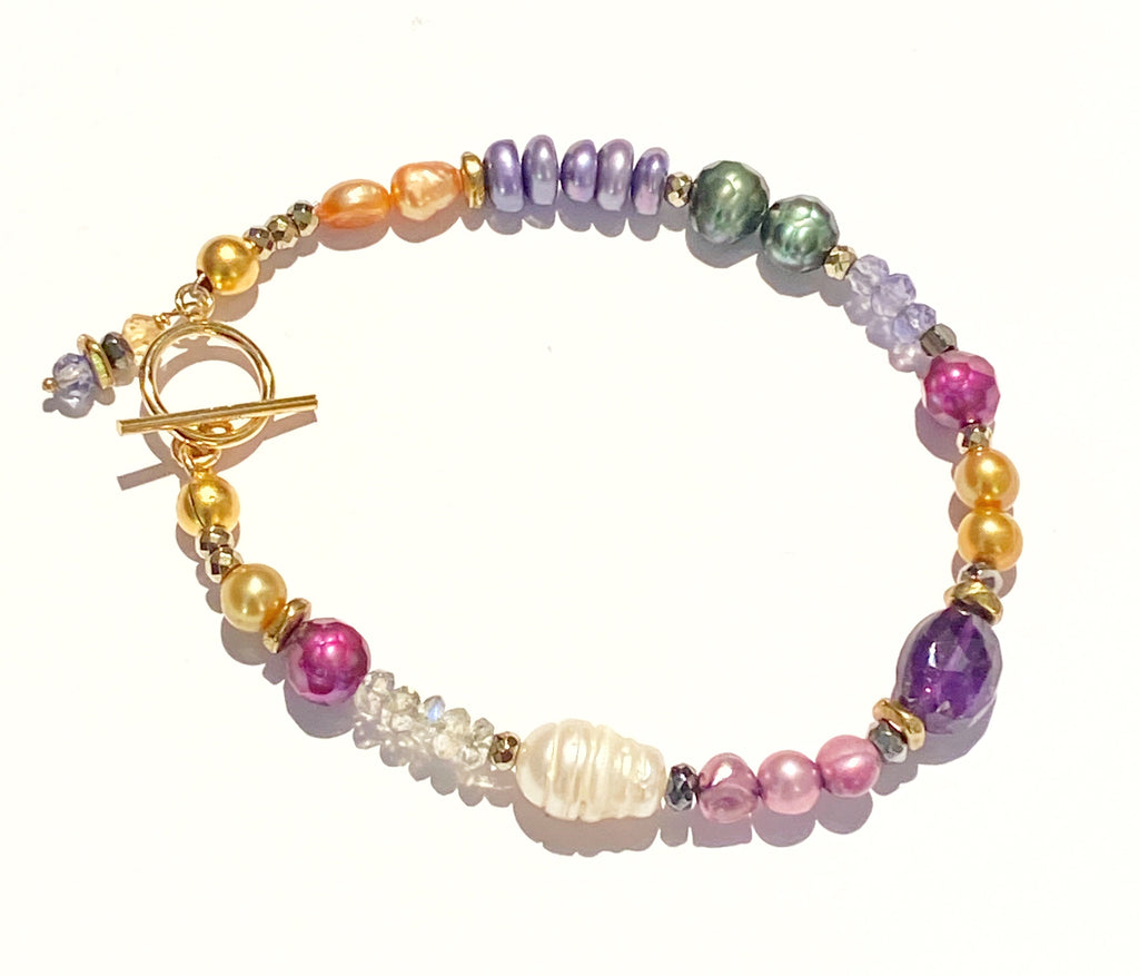 Multi-color Pearl and Gemstone Clasp Bracelet Amethyst Labradorite Citrine