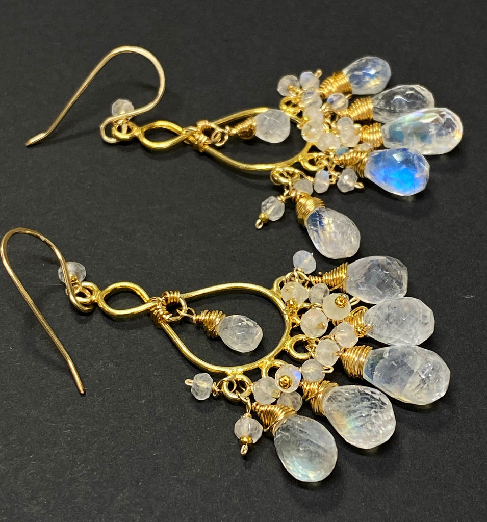 Rainbow Moonstone Gold Chandelier Earrings