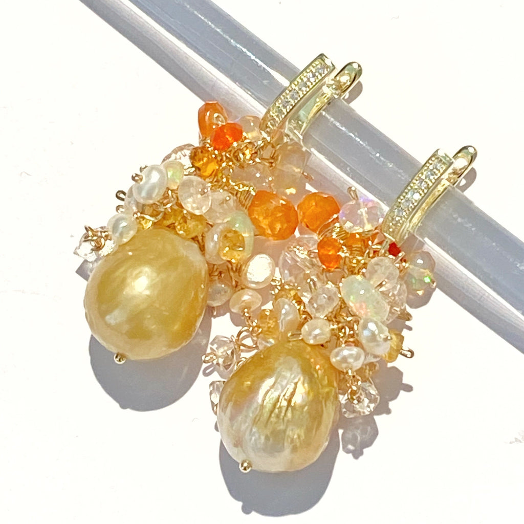 Pond-slime Baroque Pearl and Gemstone Cluster Earring