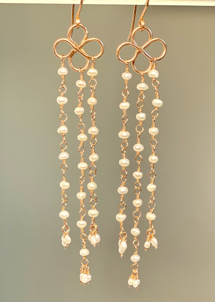 White Pearl Long Rose Gold Shoulder Duster Earrings