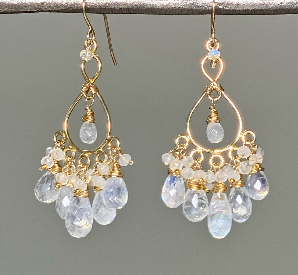 Rainbow Moonstone Gold Chandelier Earrings