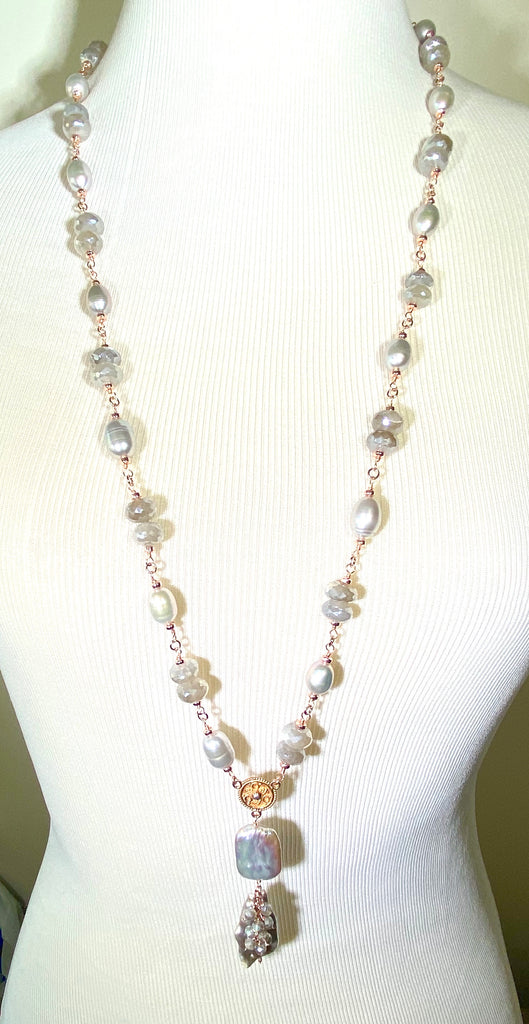 Rose Gold Silver Grey Pearl Moonstone Gemstone Long Necklace Sautoir - doolittlejewelry