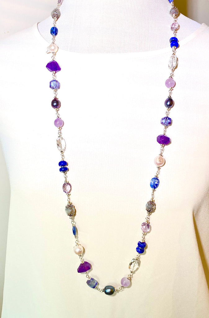 Long Blue Violet Necklace Amethyst Kyanite Pearl Crystal Quartz Sterling Silver - doolittlejewelry
