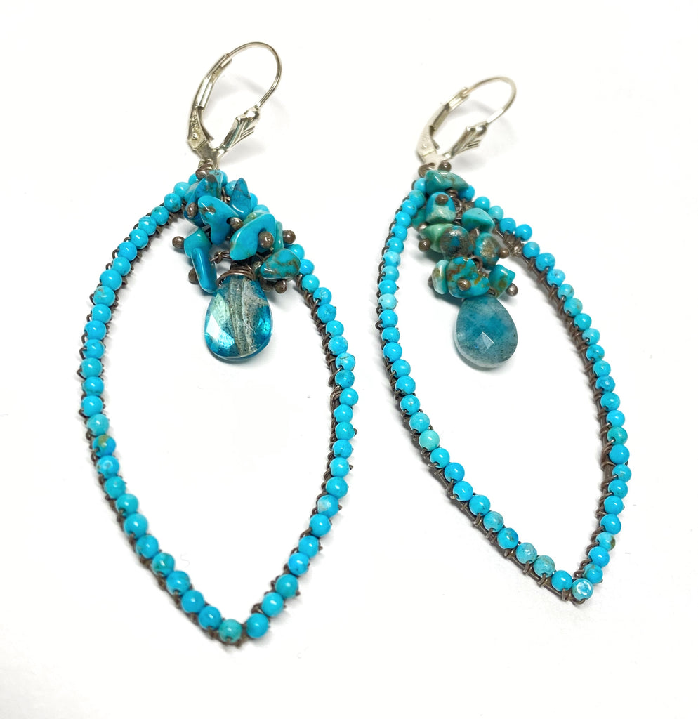 Oxidized Silver Turquoise Beaded Hoop Earrings