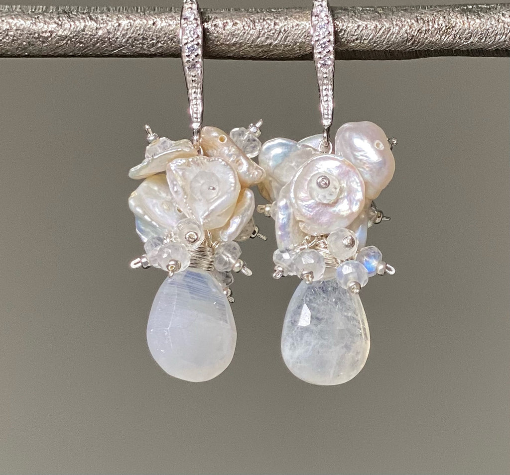 Rainbow Moonstone Keishi Pearl Cluster Bridal Earrings Sterling Silver