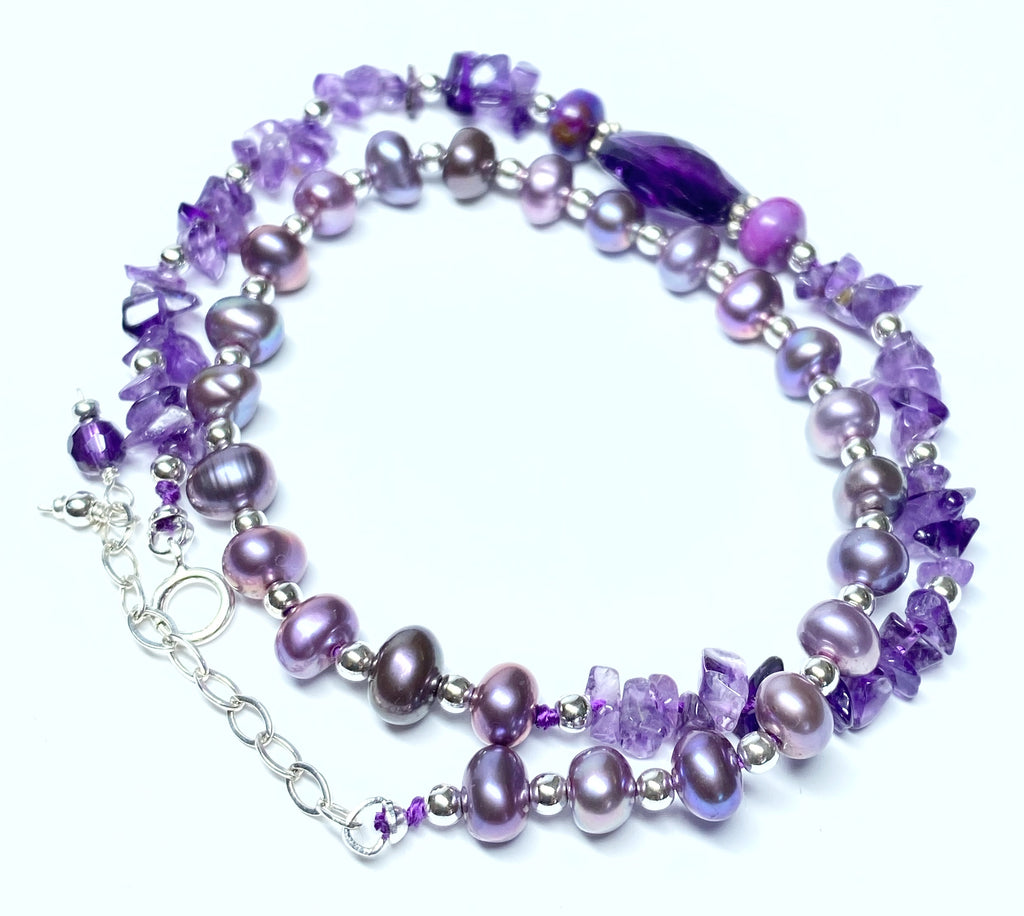 Amethyst Plum Pearl Double Wrap Bracelet Sterling Silver