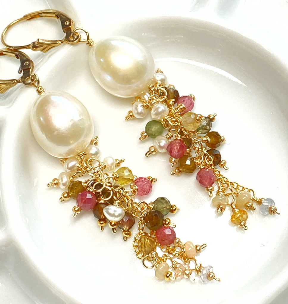 Pearl and Tourmaline Tassel Dangle Earrings