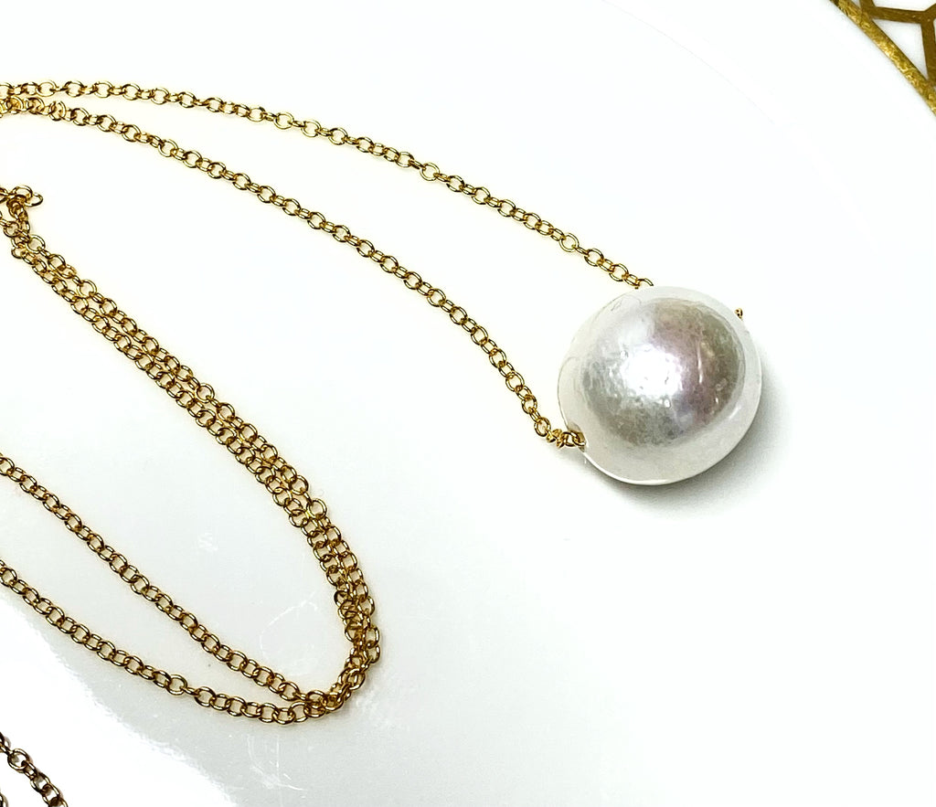 White Edison Pearl Floating Necklace 14 kt Gold Fill