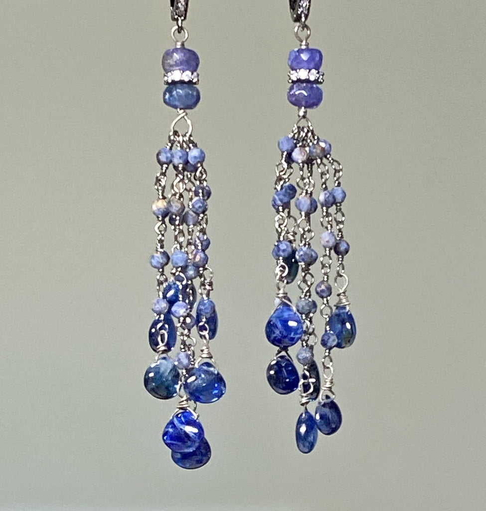 Blue Sapphire Kyanite Boho Tassel Earrings in Oxidized Sterling Silver