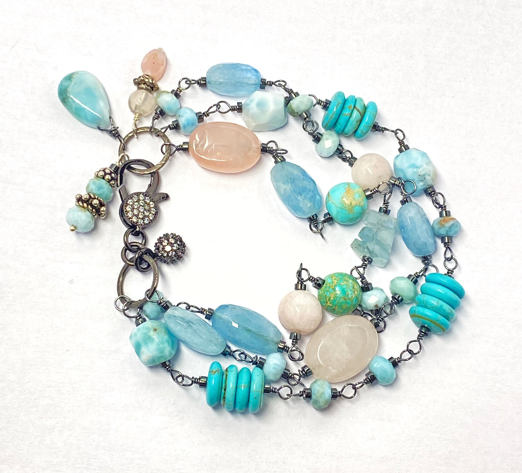 Oxidized Silver Wire Wrap Multistrand Bracelet Larimar Aquamarine - Doolittle