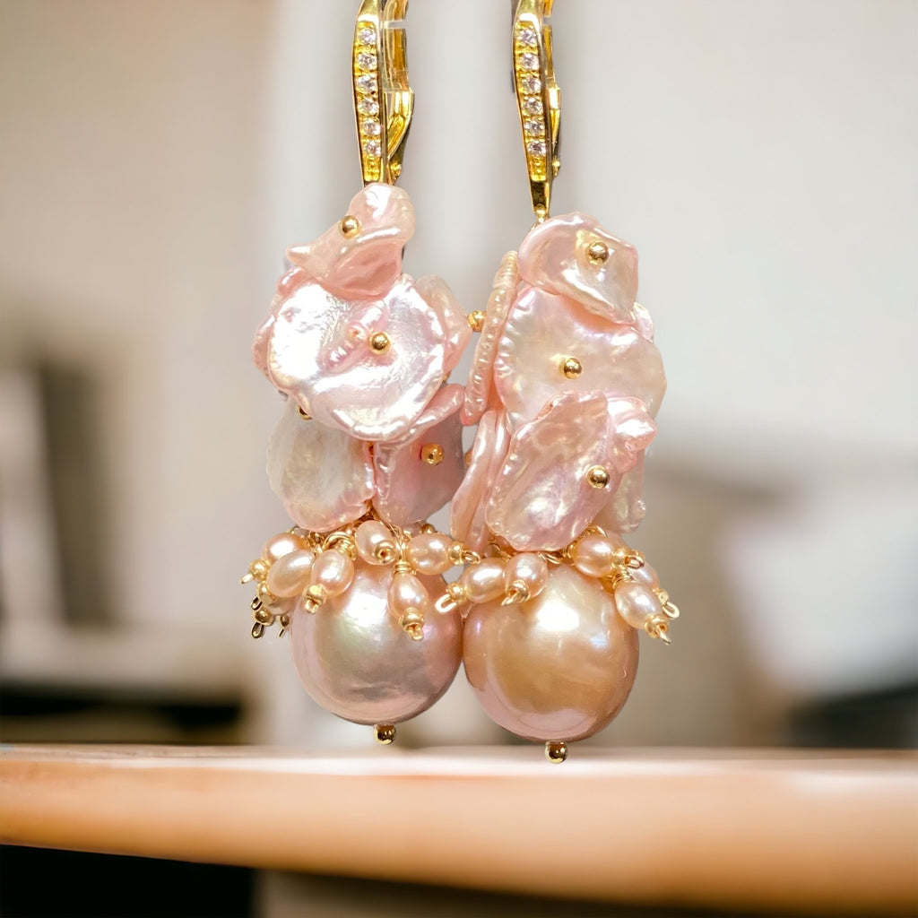 Pink Blush Keishi Pearl Cluster Earrings Gold - Doolittle