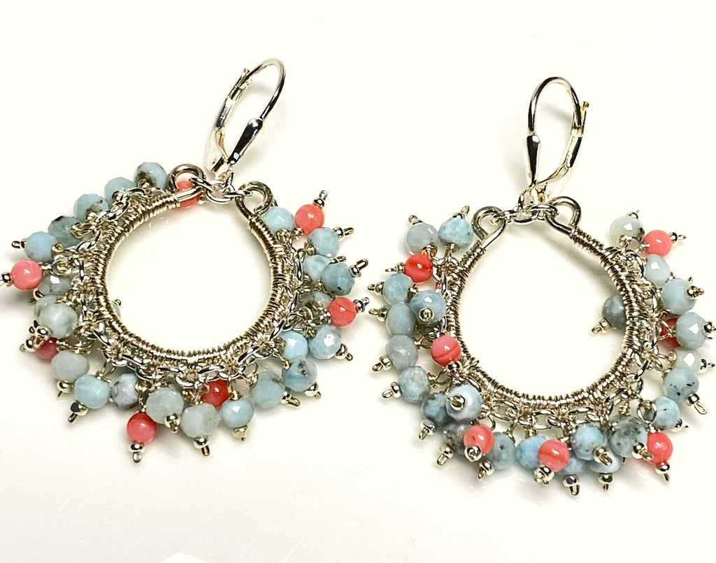 Larimar and Coral Hoop Earrings Sterling Silver