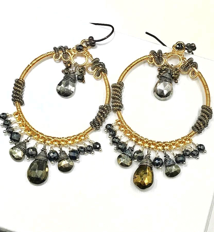 Gold Hoop Earrings with Pyrite Mixed Metals Coiled Silver