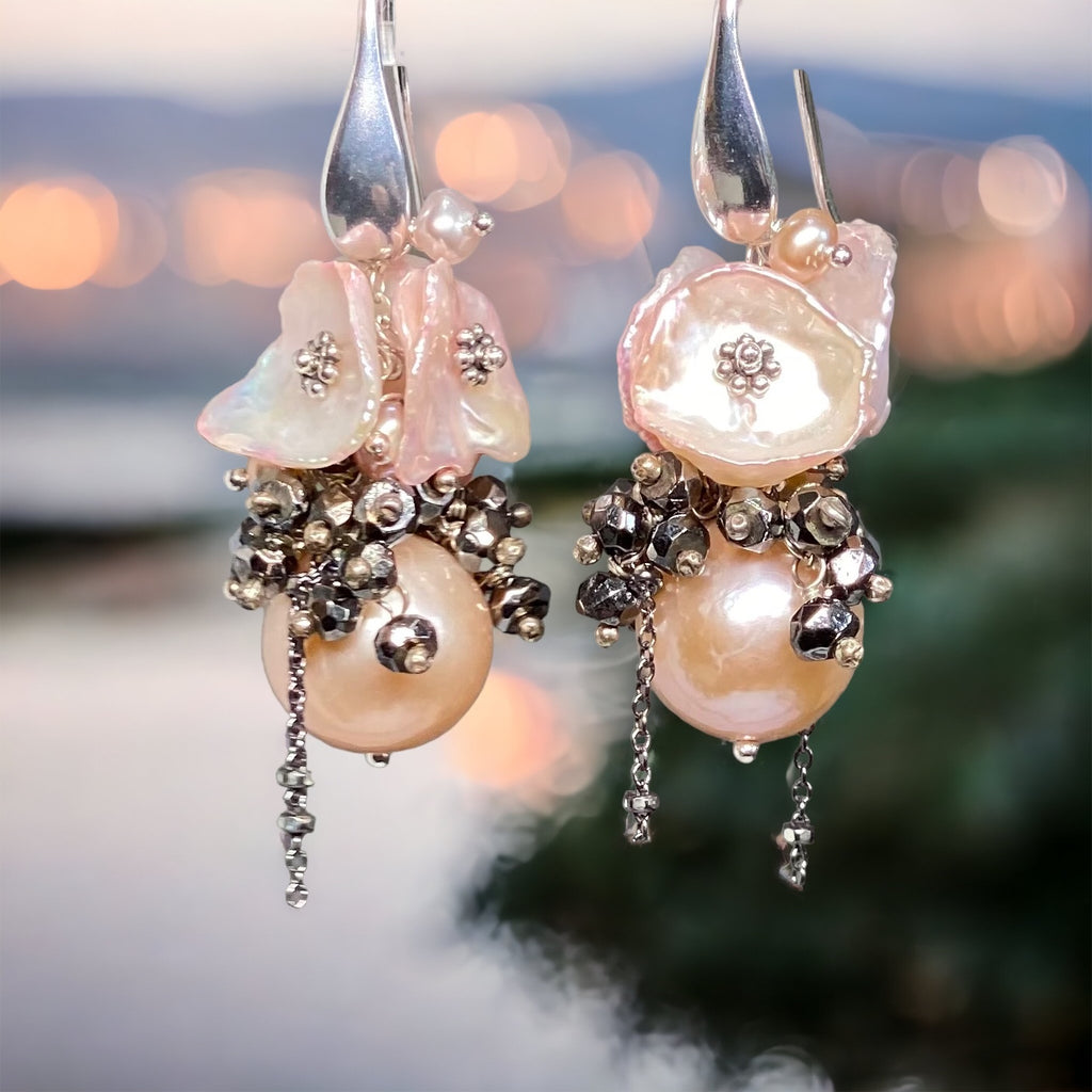 Pink Edison Pearl Cluster Earrings Blush Pink Keishi and Black Pyrite, French Style