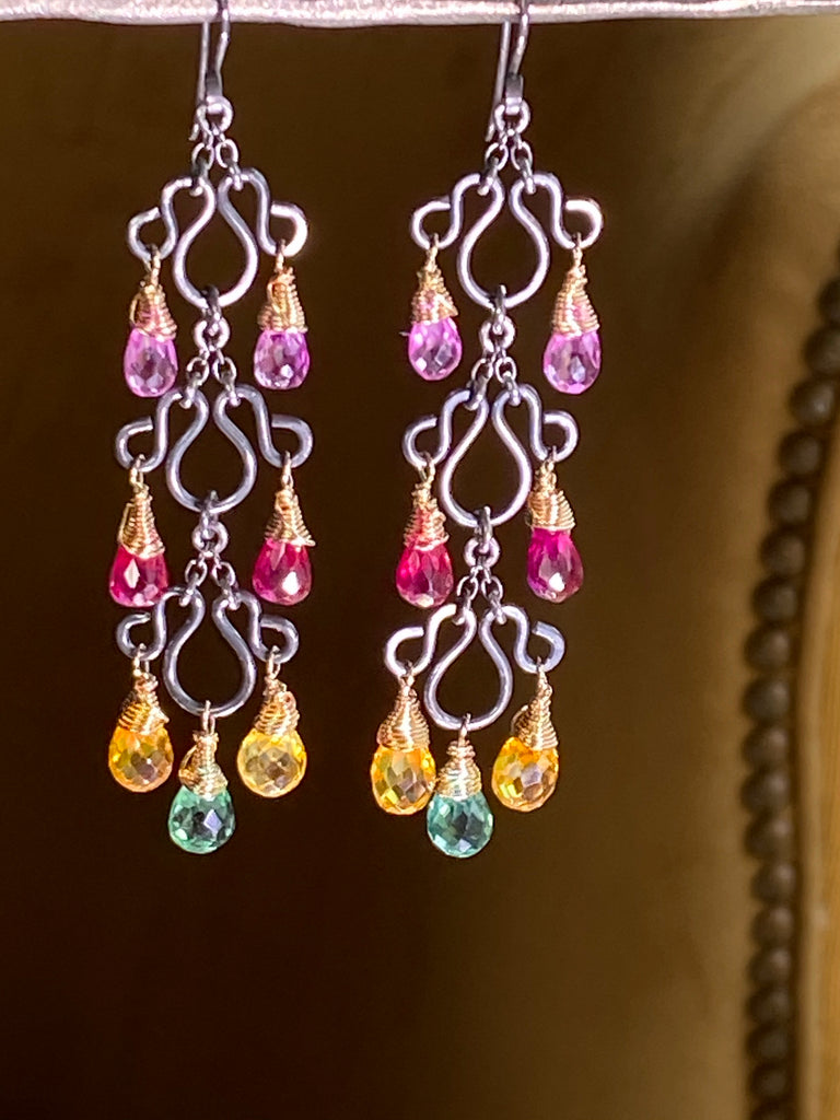 Multi-color Long Chandelier Earrings Oxidized Silver Colorful Corundum Quartz - doolittlejewelry