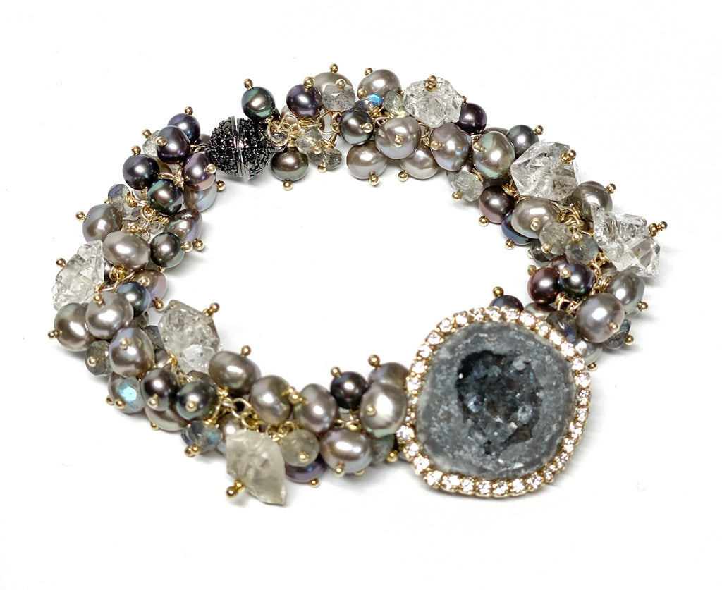 Black Tabasco Geode Cluster Bracelet with Herkimer Diamond Quartz