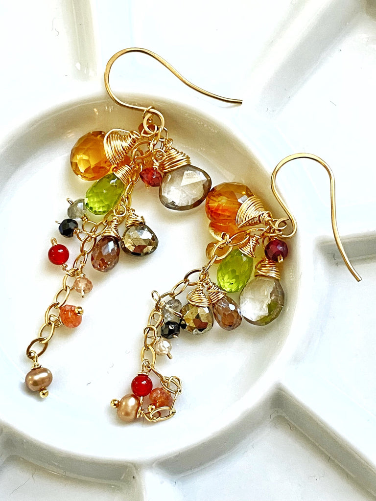 Citrine, Smokey Quartz, Peridot gold fill dangle earrings