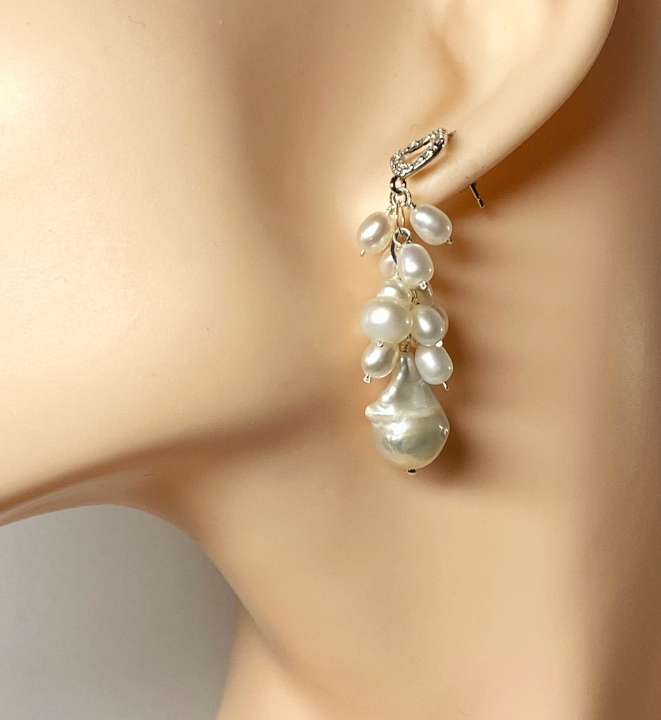 Pearl Dangle Wedding Earrings, Pave Silver Post