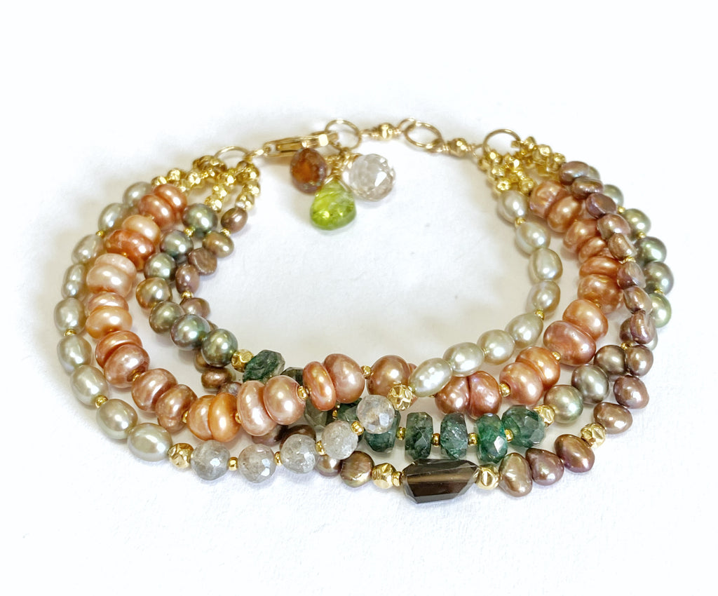 multi-strand pearl and gemstone clasp bracelet