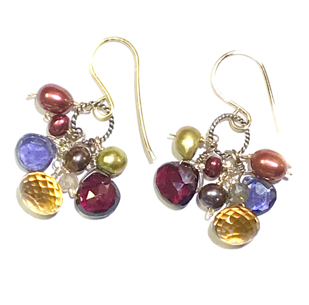 Multicolor Gemstone Dangle Earrings Iolite Garnet Pearl Mixed Metals - doolittlejewelry