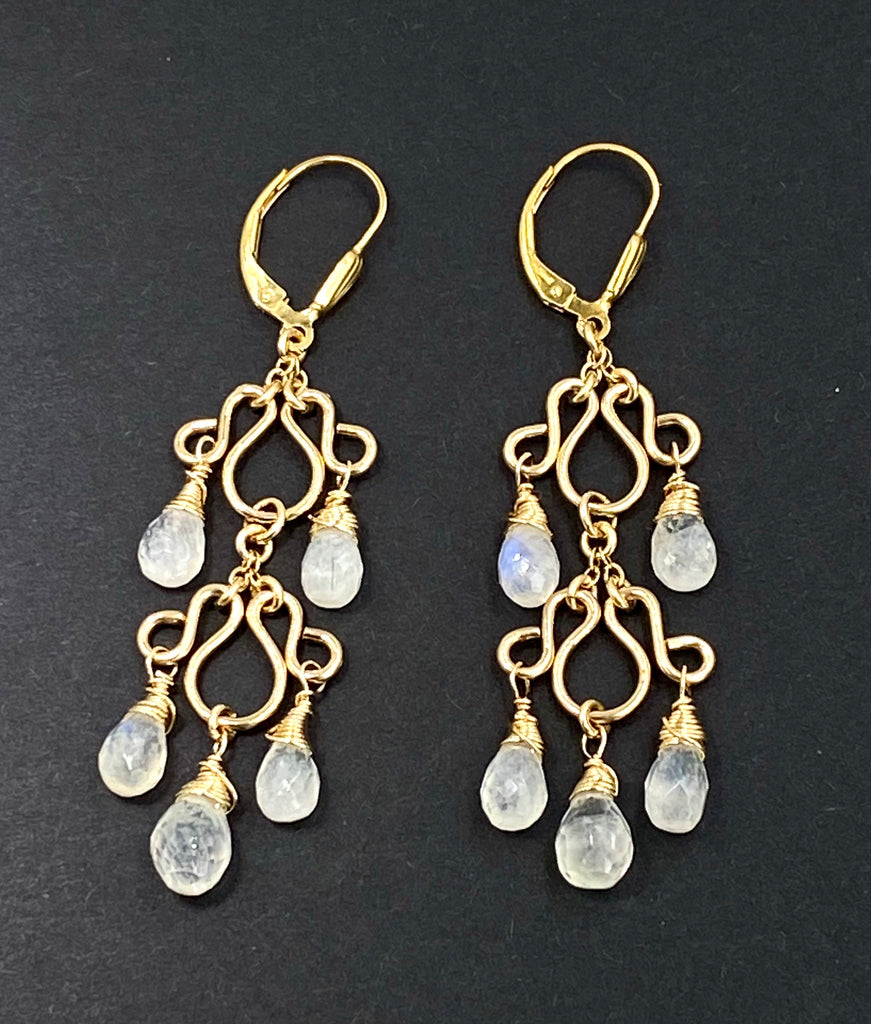 Rainbow Moonstone Gemstone Chandelier Earrings Gold Fill - doolittlejewelry