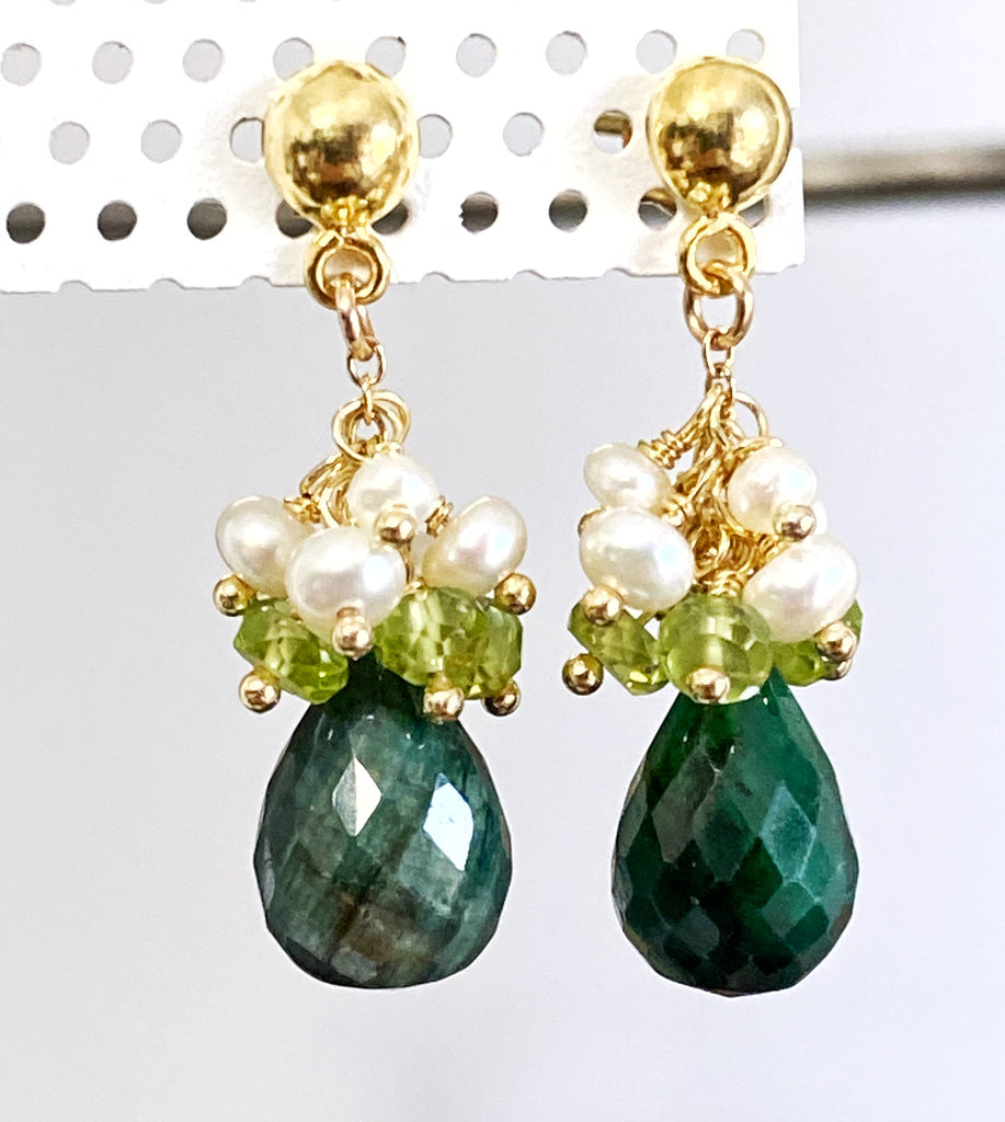 Emerald and Peridot Pearl Cluster Earrings Gold