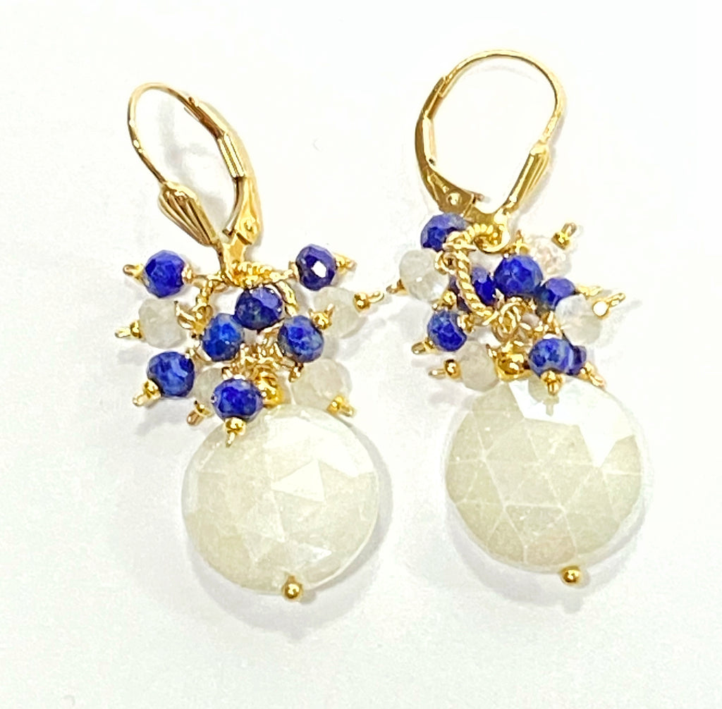 Blue and White Mystic Moonstone Cluster Earrings Gold