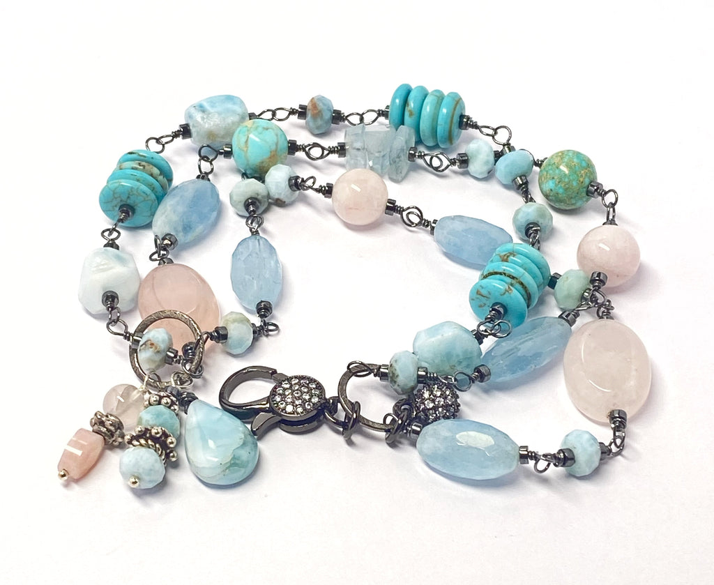 Oxidized Silver Wire Wrap Multistrand Bracelet Larimar Aquamarine - Doolittle